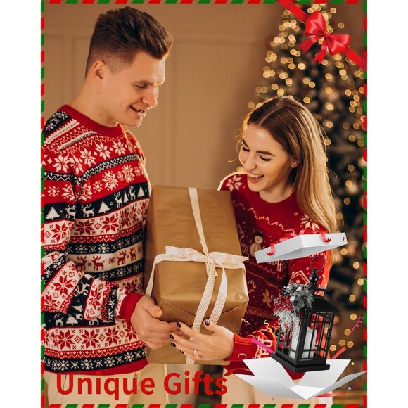 New Metal Black Christmas Lantern with Flameless Candle, Rustic Holiday Decor - Picture 3 of 7